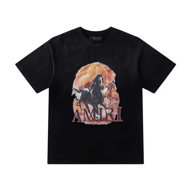 AMIRI Black T-Shirt with Horses & Lightning Graphic