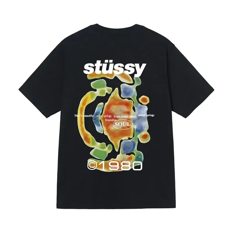 Stüssy Black T-Shirt with Colorful Back Print