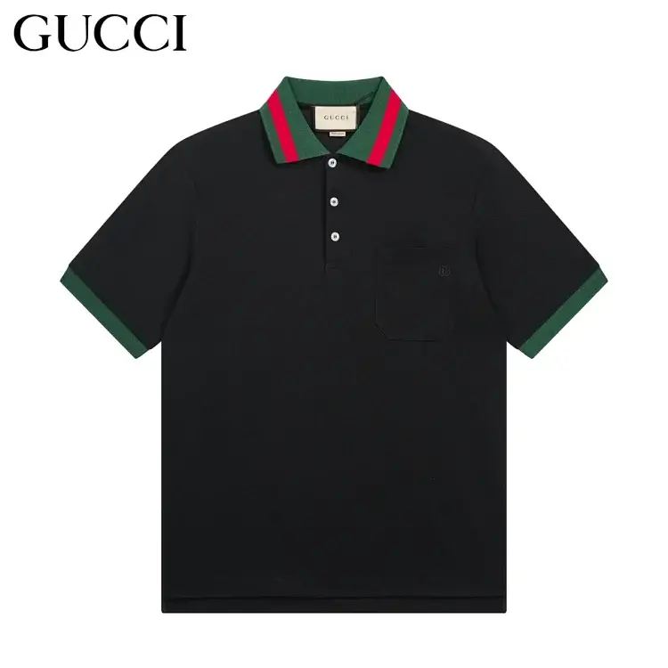 GUCCI Black Polo with Striped Collar & Cuffed Sleeves