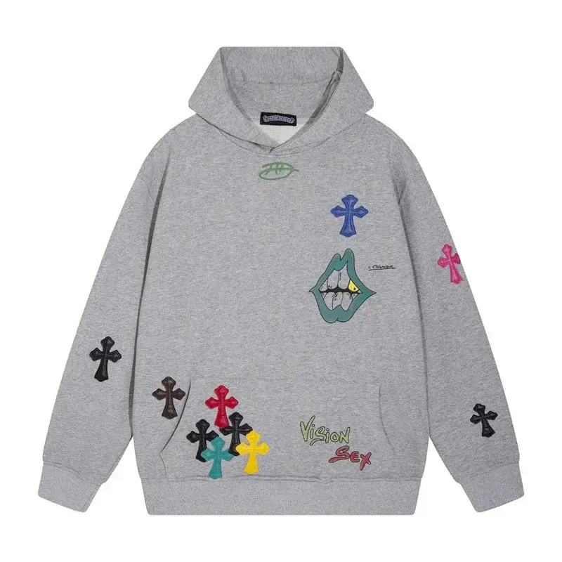 Vision Gray Hoodie with Cross & Lips Print
