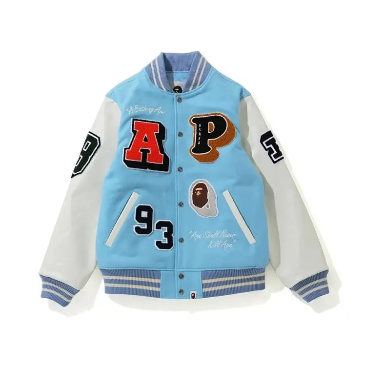 A Bathing Ape Block Baseball Jacket - Light Blue & White