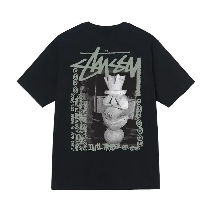 Stussy Black T-Shirt with Back Sculpture & Tribe Graphic