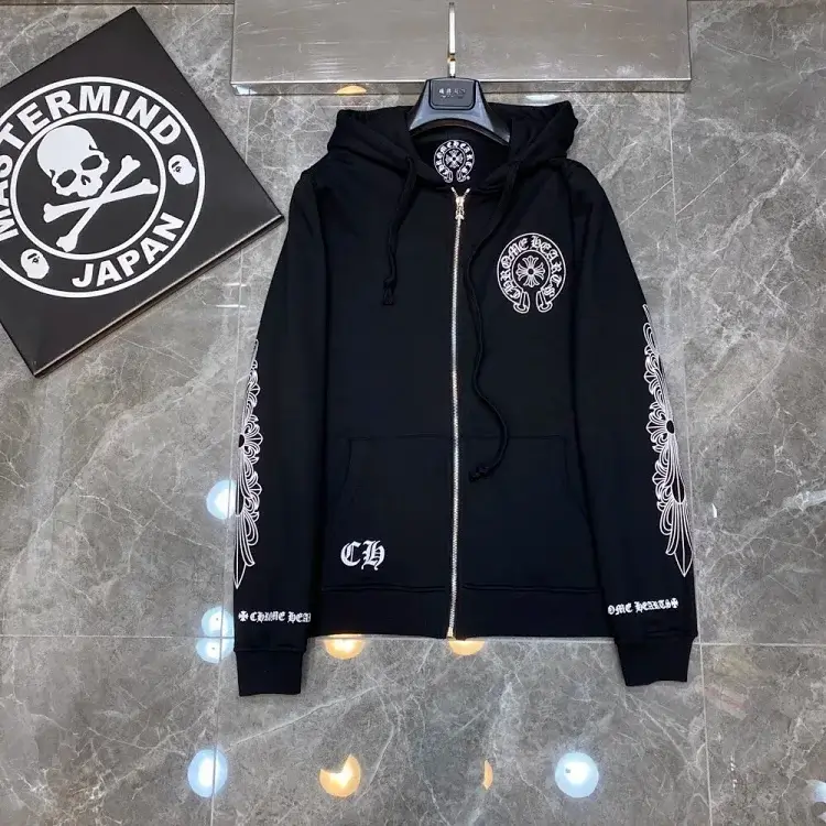 Chrome Hearts Black Zip Hoodie with White Graphic Prints
