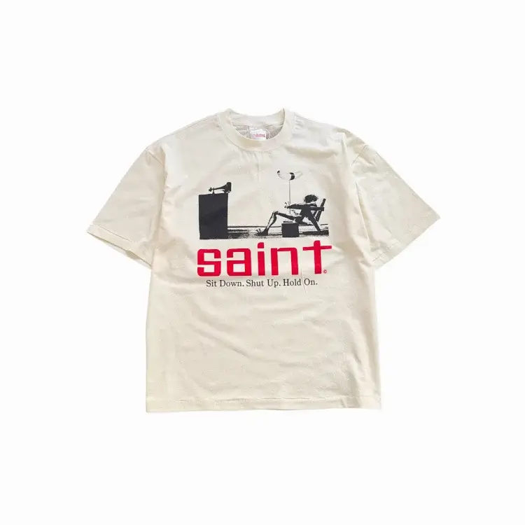 Saint Beige T-Shirt with Black Graphic & Red "Saint"