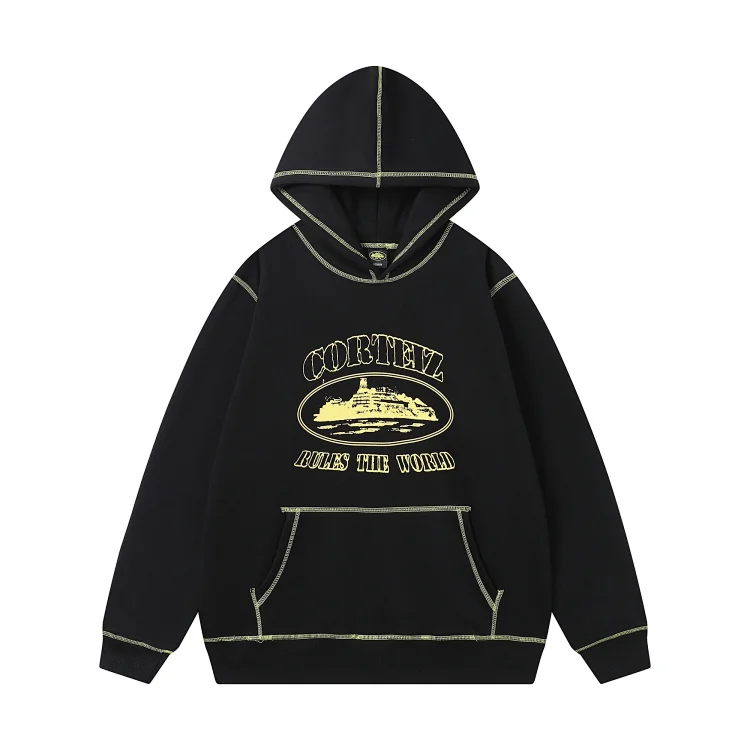 CORTEZ Black Hoodie Yellow Stitch Graphic
