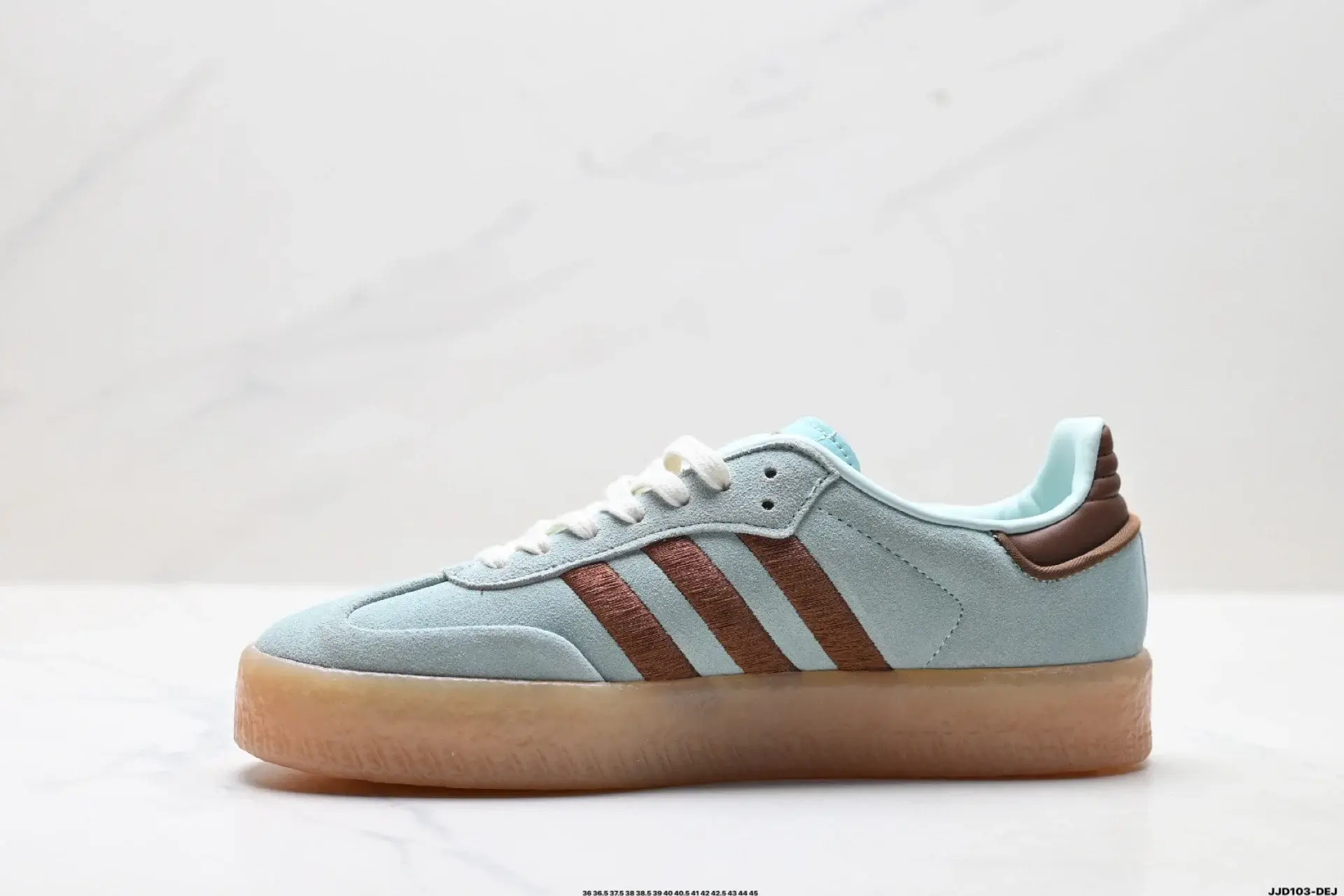 Adidas Light Blue Suede Sneaker with Brown Stripes & Gum Sole