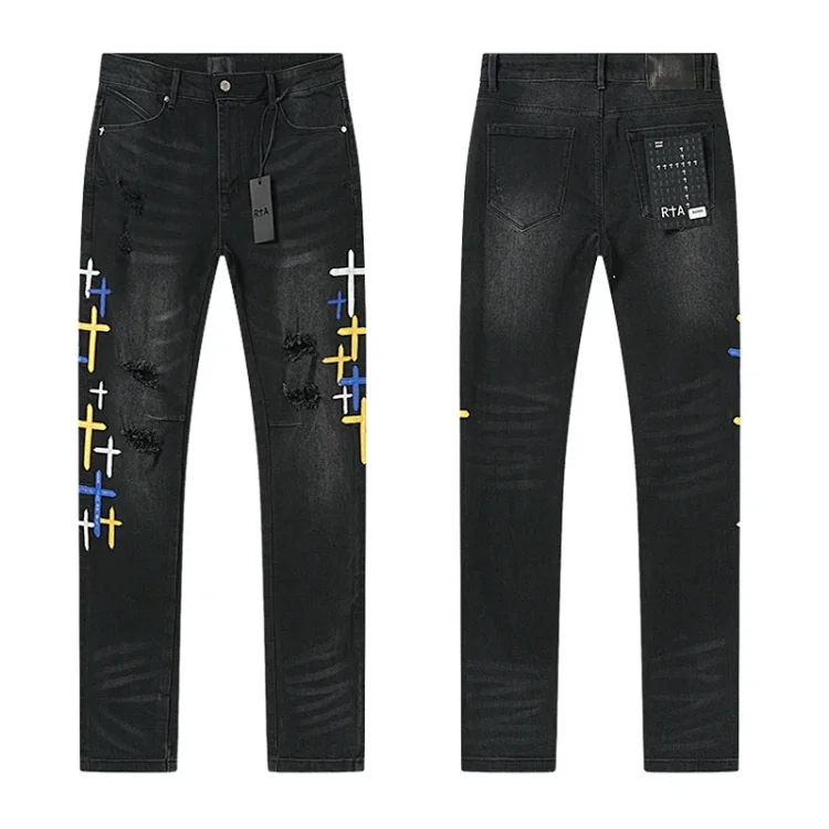 RTA Distressed Cross-Embroidered Jeans