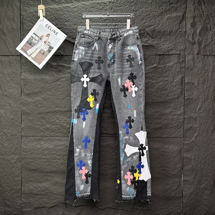 CELINE Gray Pants with Color-Block & Cross Patches