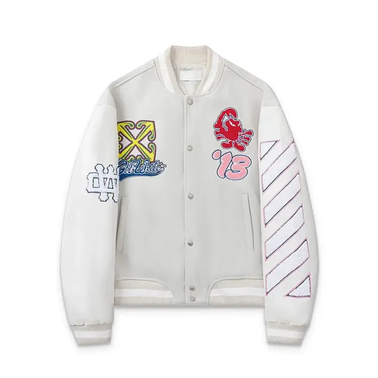 Off-White Gray Varsity Jacket with Embroidered Patches