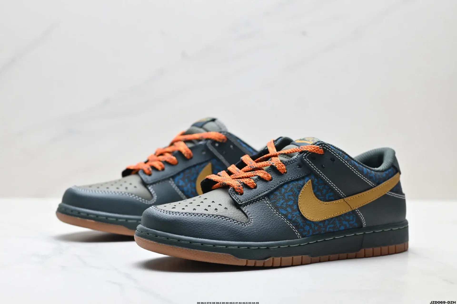 Nike Dunk Low Gray/Blue, Gold Swoosh, Orange Laces, Gum Sole