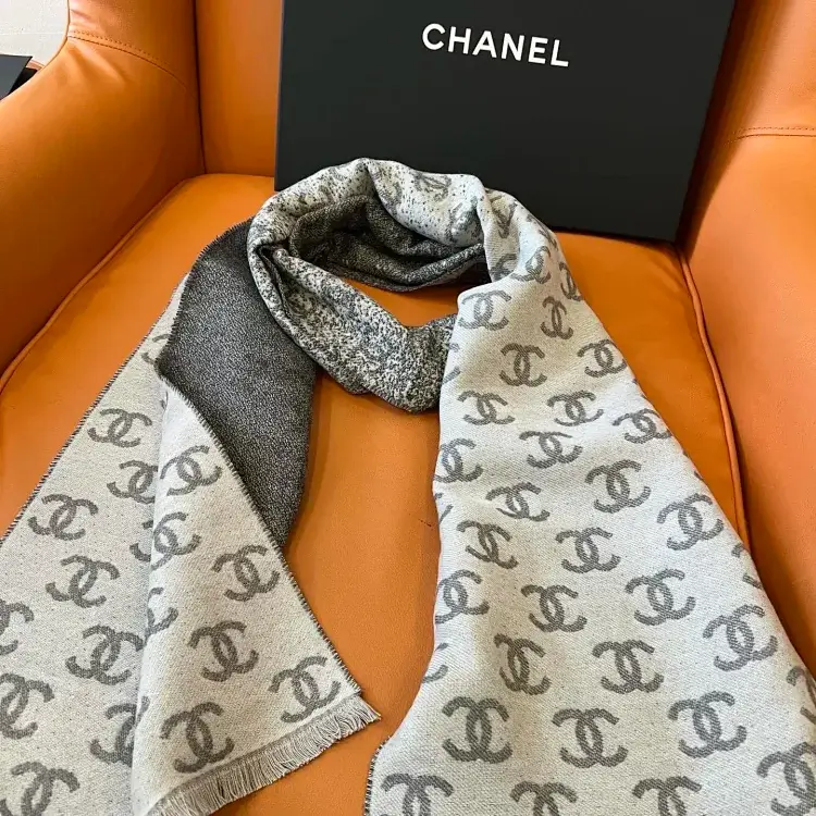 CHANEL Double-C Fringed Scarf Gray White