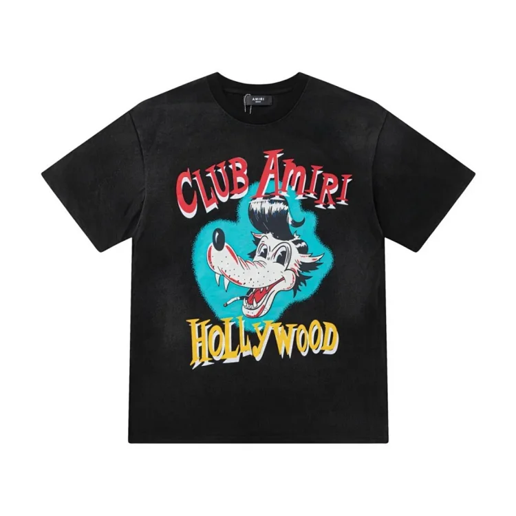 Amiri Black T-Shirt With Club Amiri Hollywood Cartoon Wolf Graphic