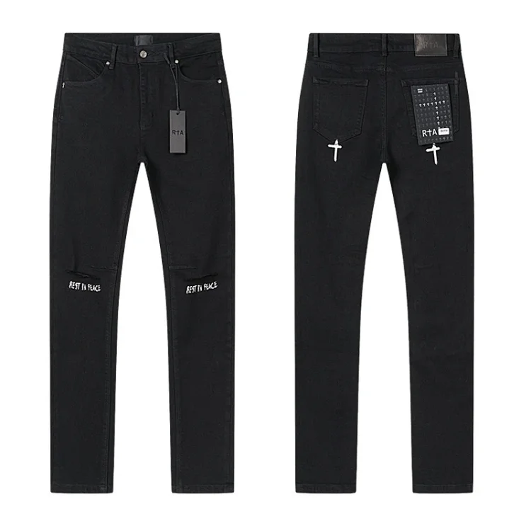 RTA "REST IN PEACE" Embroidered Black Denim Pants