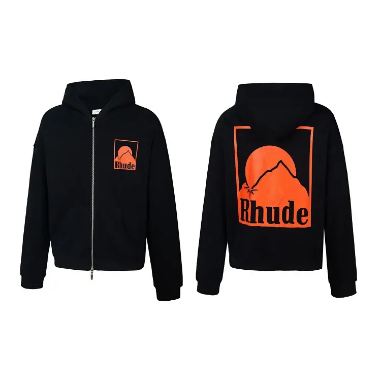 Rhude Zip Hoodie: Black with Orange Mountain-Sun Logo
