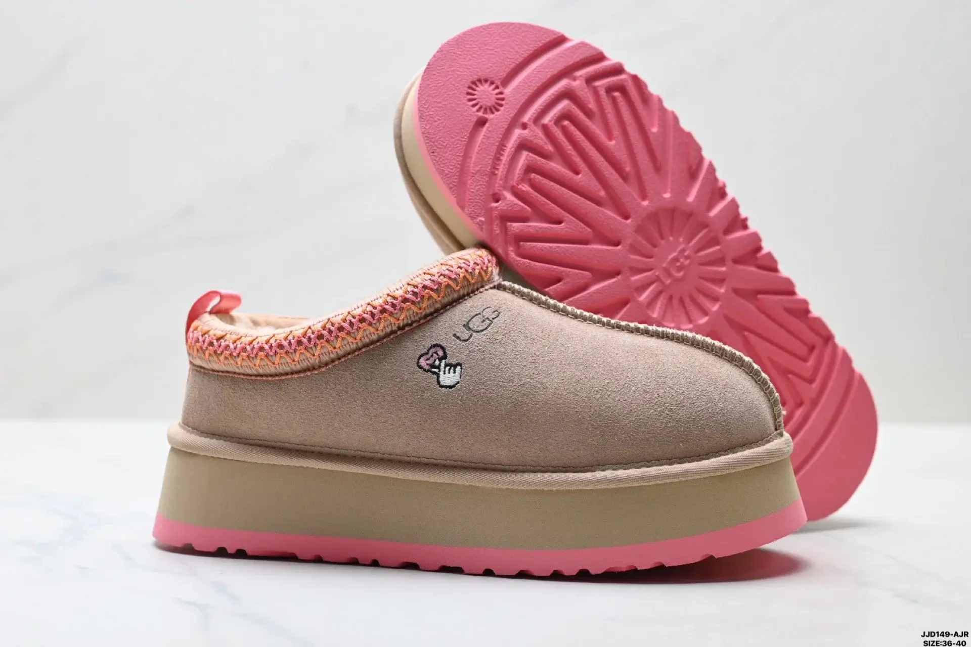 UGG Beige & Pink Embroidered Platform Slippers