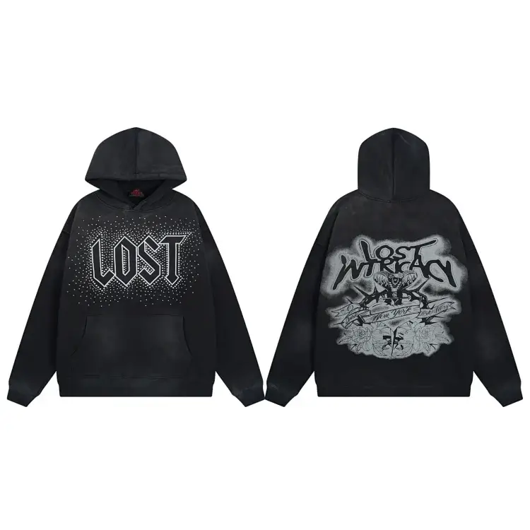 LOST Black Hoodie with Skull Roses Graphic
