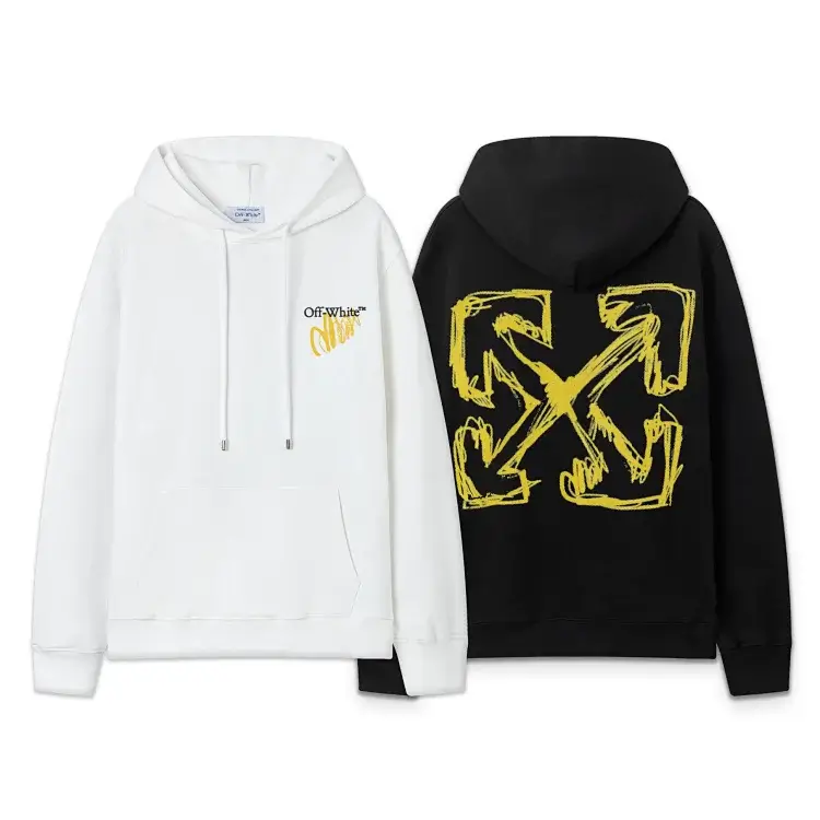 Off-White Hoodie: White Front, Black Back, Yellow Graphic