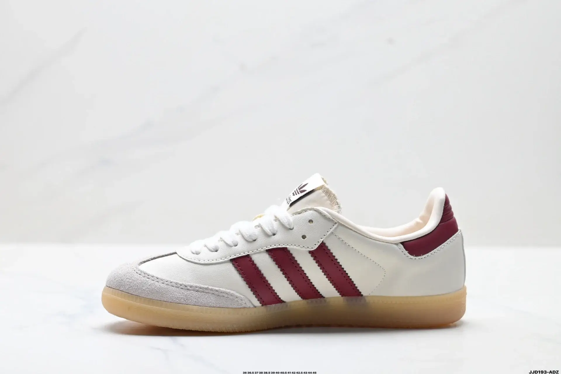 Adidas Retro: White Upper, Burgundy Stripes, Gum Sole