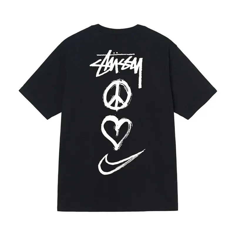 Stussy Black T-Shirt with Logo, Peace, Heart & Nike Print