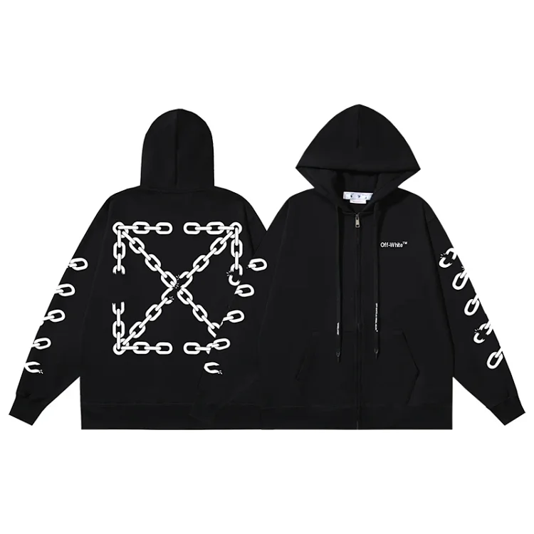 Off-White Zipped Hoodie with Chain Pattern