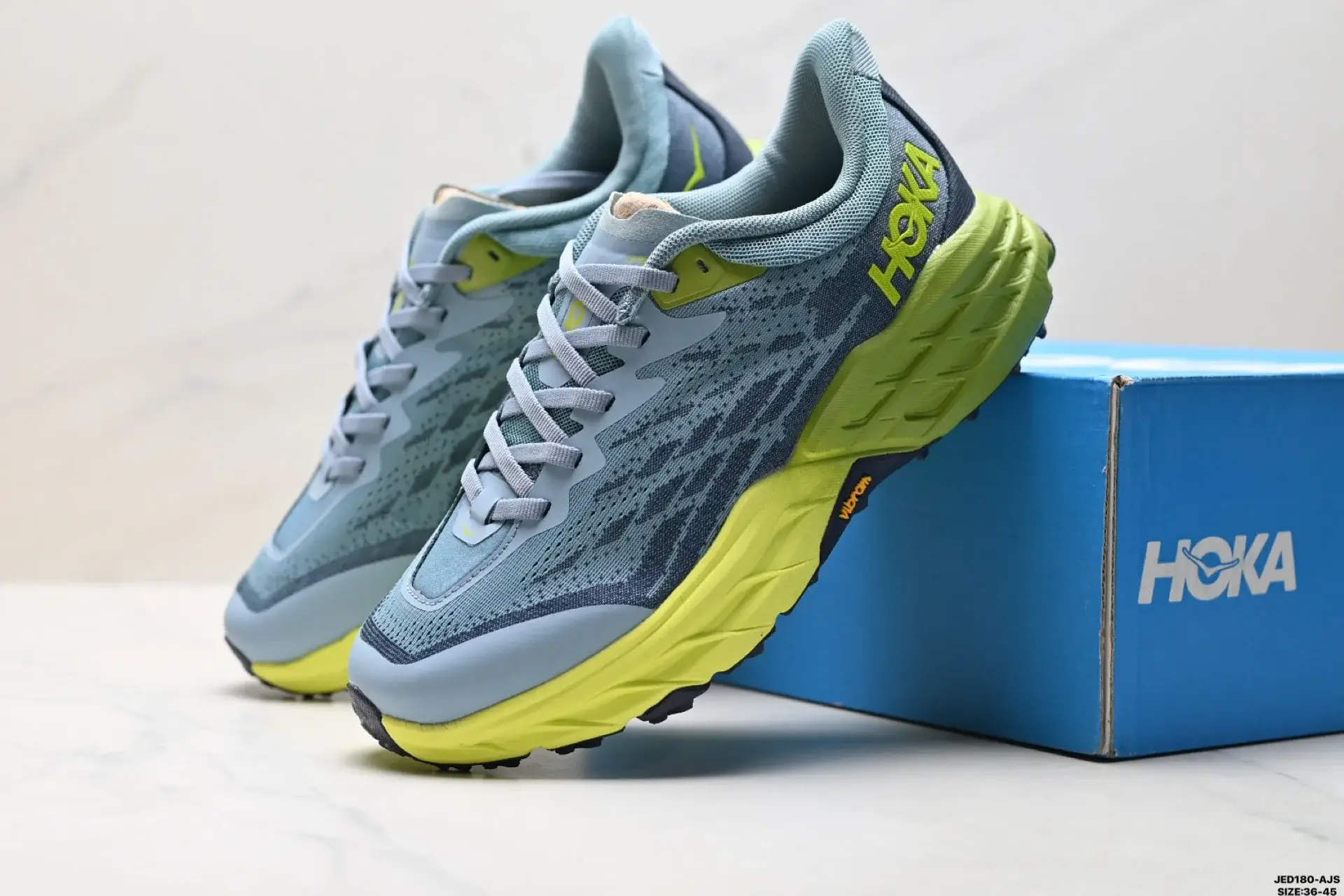 HOKA Light Gray & Lime Green Running Shoes, Vibram Outsole