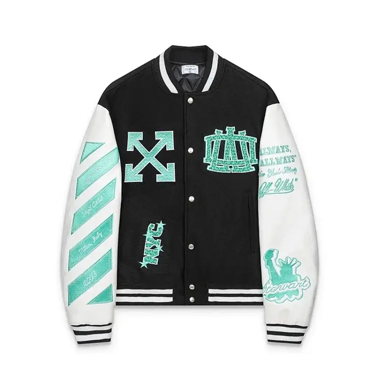 Off-White Varsity Jacket with Turquoise Patches