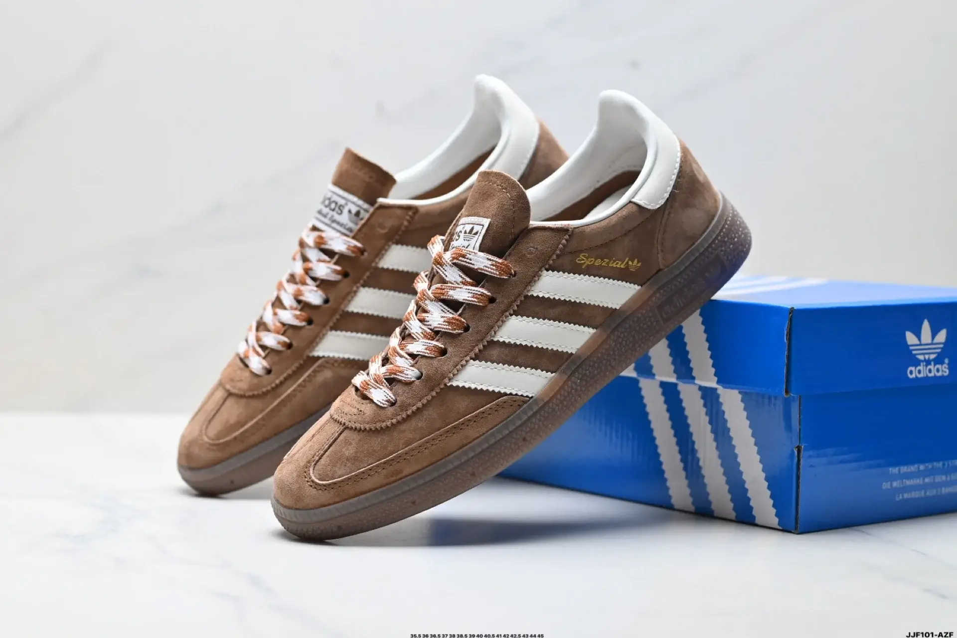 adidas Spezial Brown Sneakers White Stripes Patterned Laces