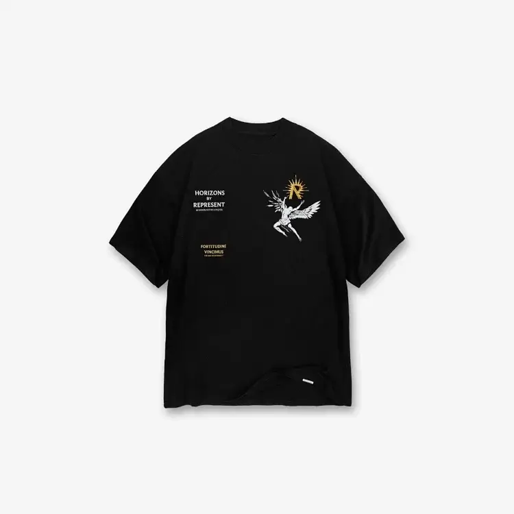 REPRESENT Black T-Shirt with Winged Figure & Gold Prints