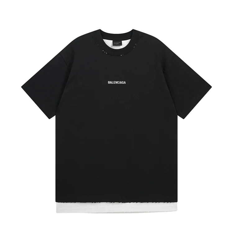 BALENCIAGA Black T-Shirt with White Hem & Logo