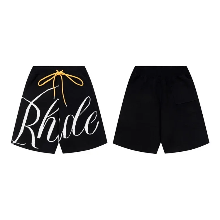 Rhude Black Shorts: White Logo, Yellow Drawstring