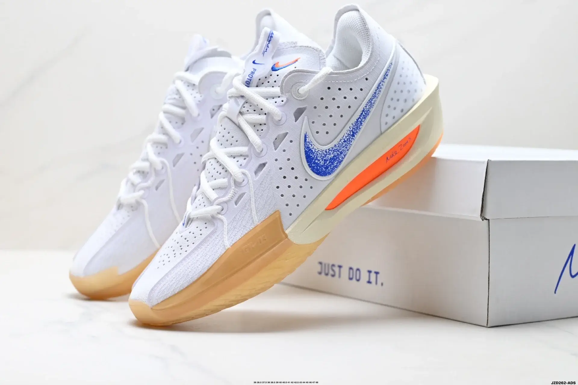 Nike White Basketball Shoes w/ Blue Speckle Swoosh & Gum Sole