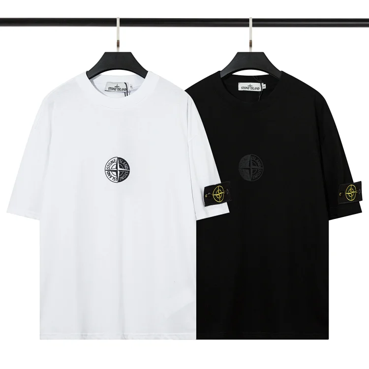 Stone Island White Black T-Shirt Embroidered Logo