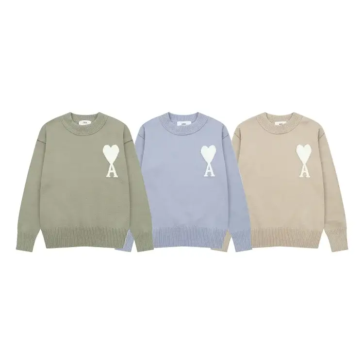 AMI Crew Neck Sweater: Olive Green, Light Blue, Beige
