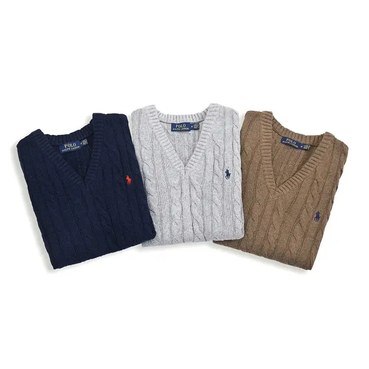 POLO V-Neck Cable Knit Jerseys with Embroidered Pony Logo