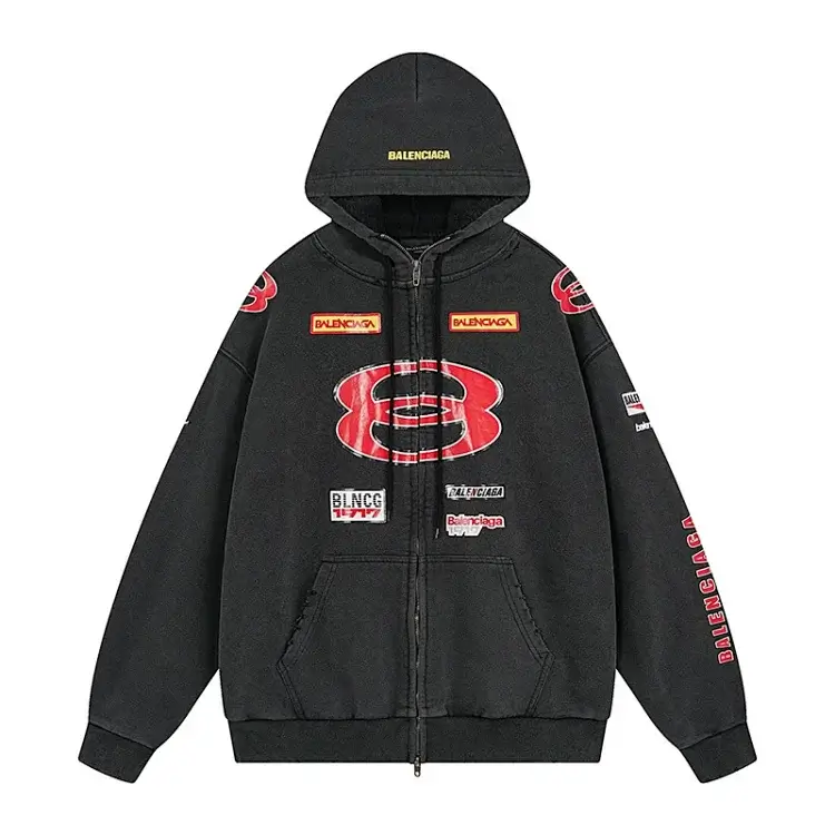 Balenciaga Black Logo Hoodie with Red Zip