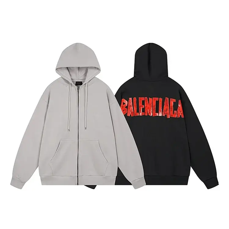 BALENCIAGA Light Gray & Black Zip Hoodie with Red Logo