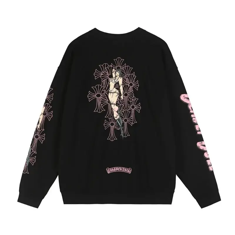 CHROME HEARTS Black Sweatshirt Pink Cross & Cartoon Graphic