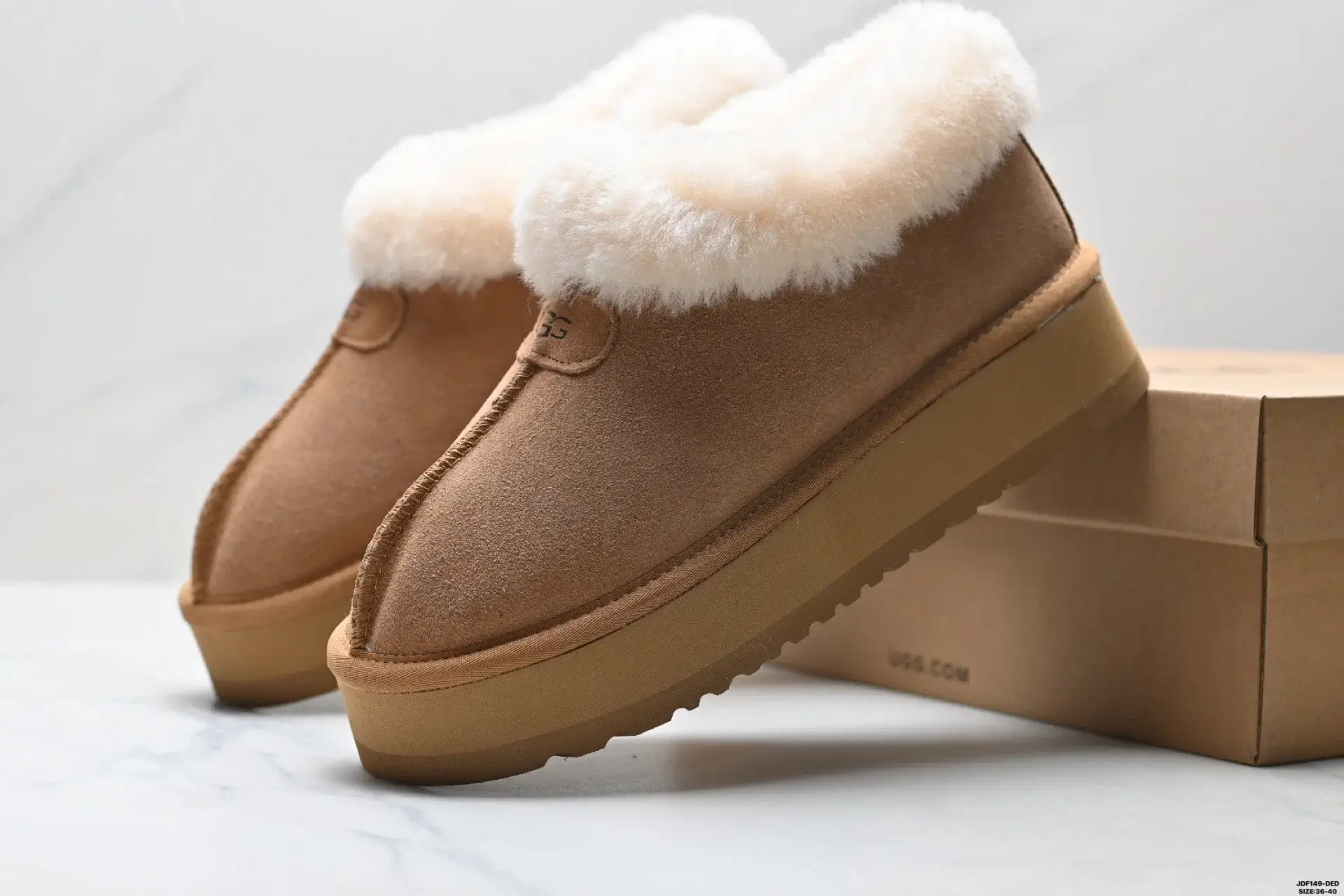 UGG Tan Suede Shearling Platform Slippers