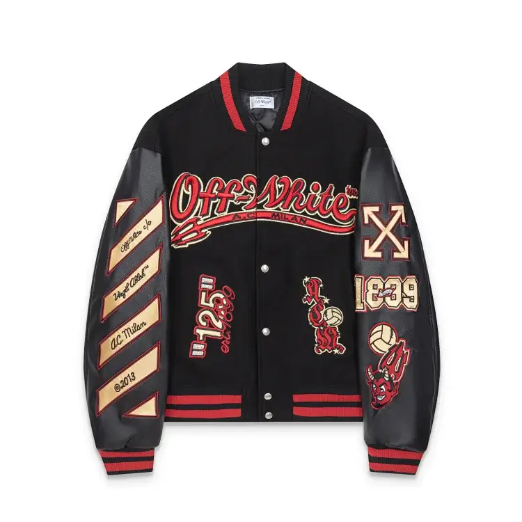 Off-White AC Milan Embroidered Leather Varsity Jacket