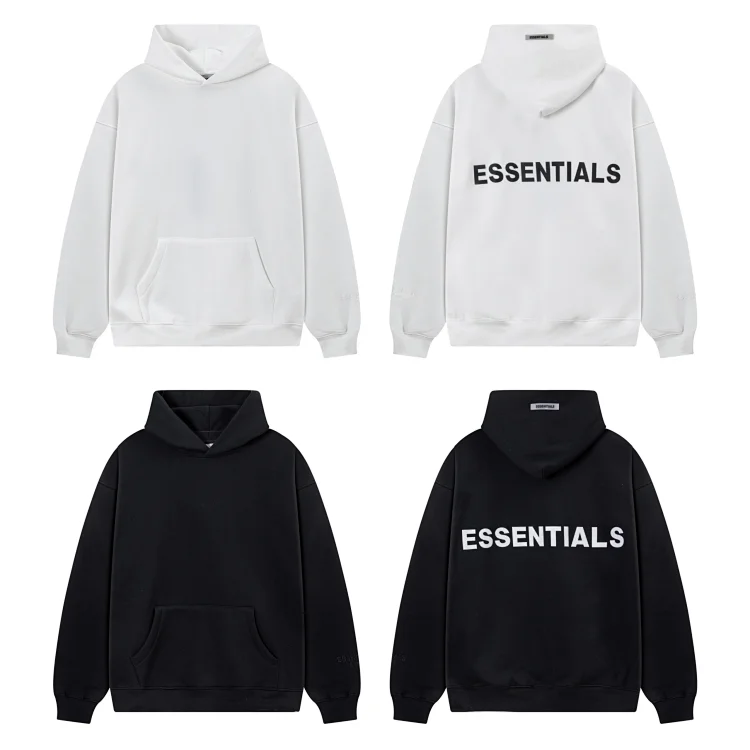 ESSENTIALS Hoodies: White/Black with Front Pocket & Back Print