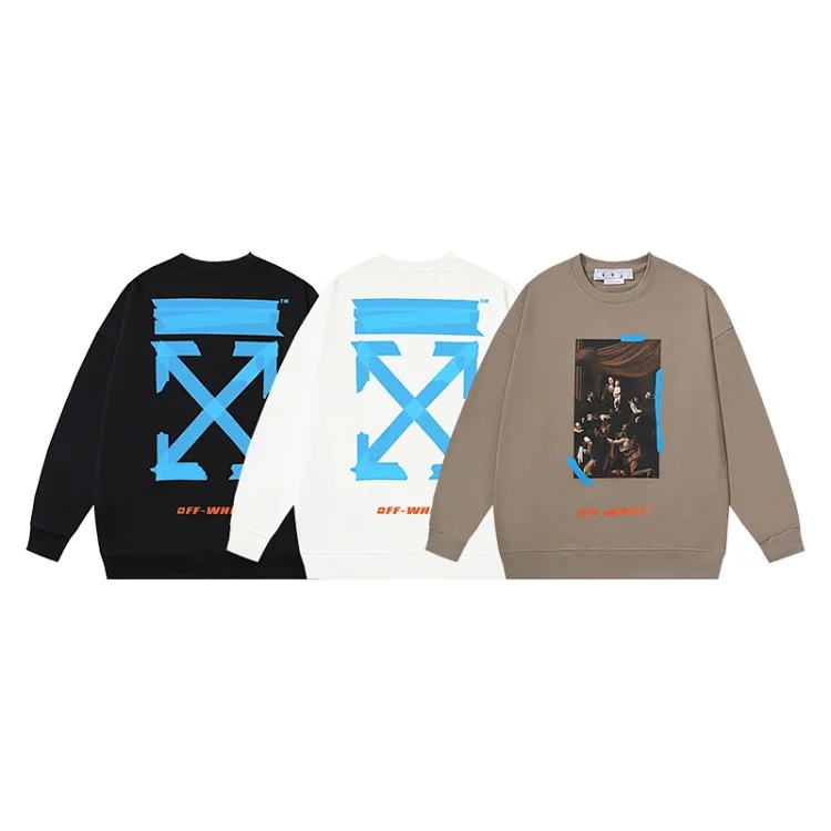 OFF-WHITE Hoodies: Black/White/Khaki with Blue Arrow Print