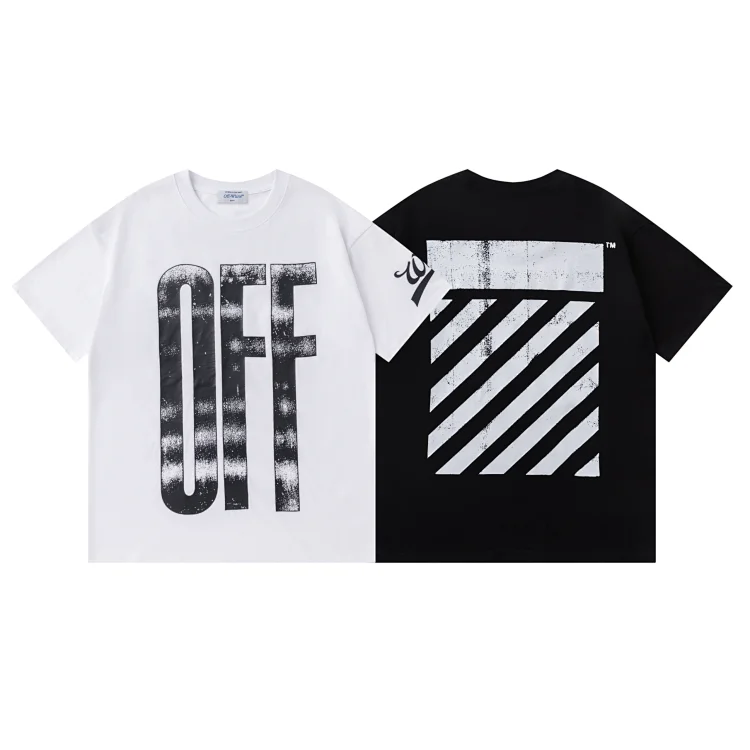 Off-White Distressed Print & Stripes Tee
