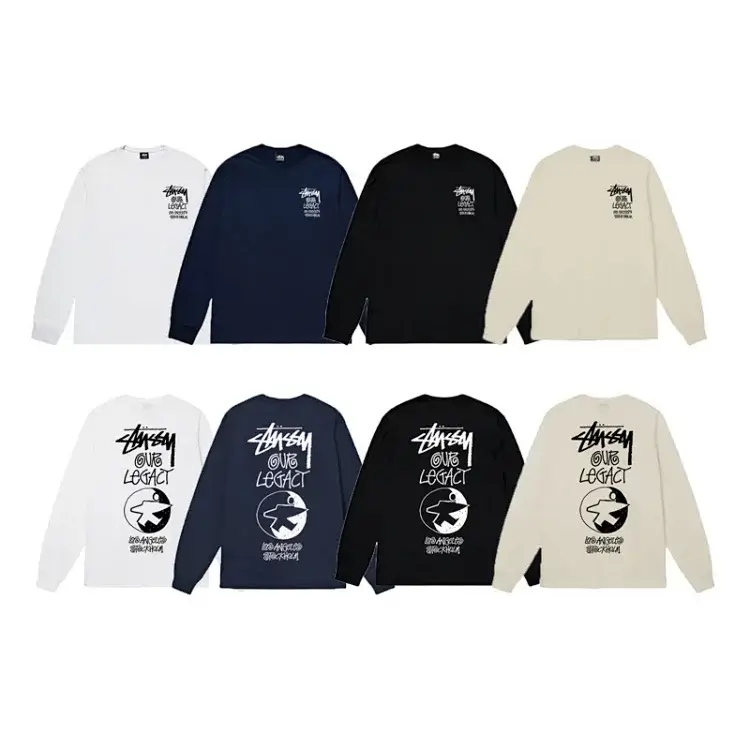 Stussy Graphic Print Long Sleeve Tees in White, Navy, Black, Beige
