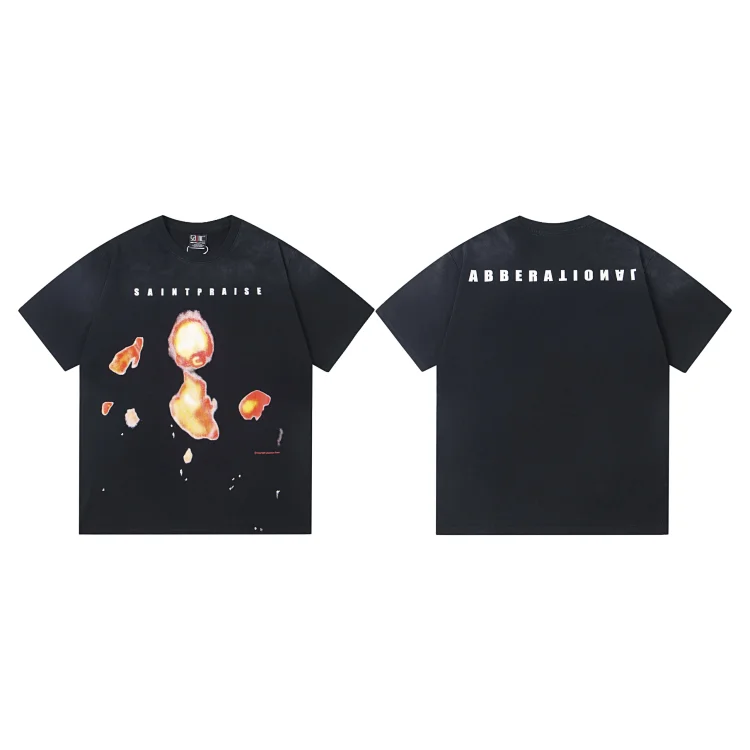 SAINTPRAISE Black T-Shirt with Abstract Flame Print