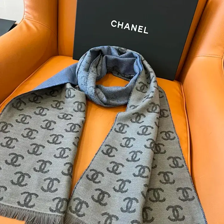 CHANEL Fringed Grey & Blue CC Logo Scarf
