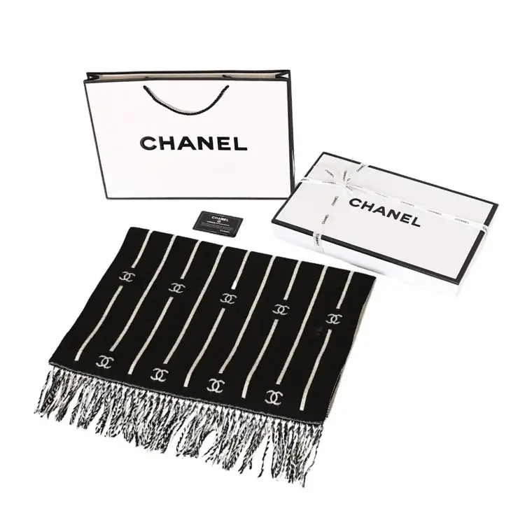 CHANEL Black & White Striped CC Logo Scarf