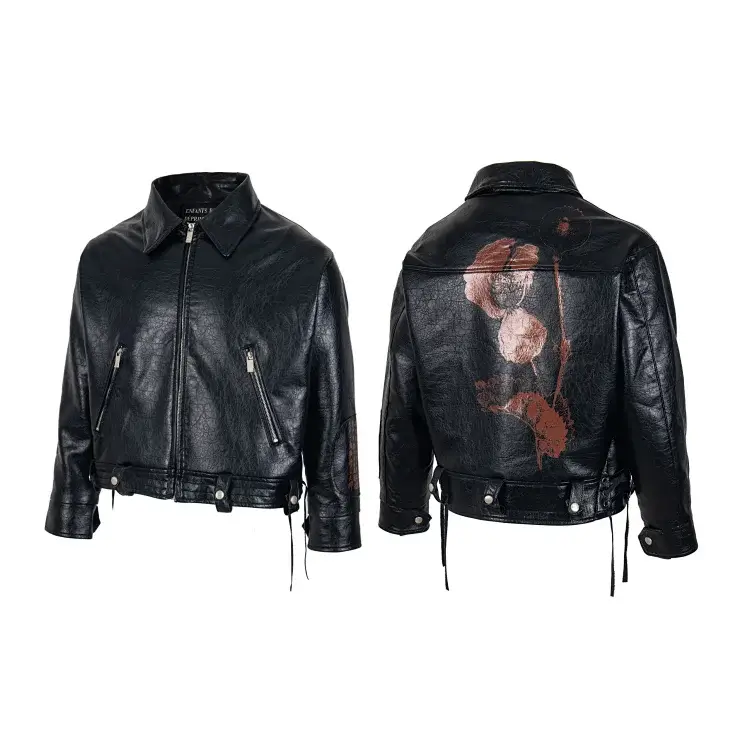 ROARINGWILD Floral Print Black Leather Jacket