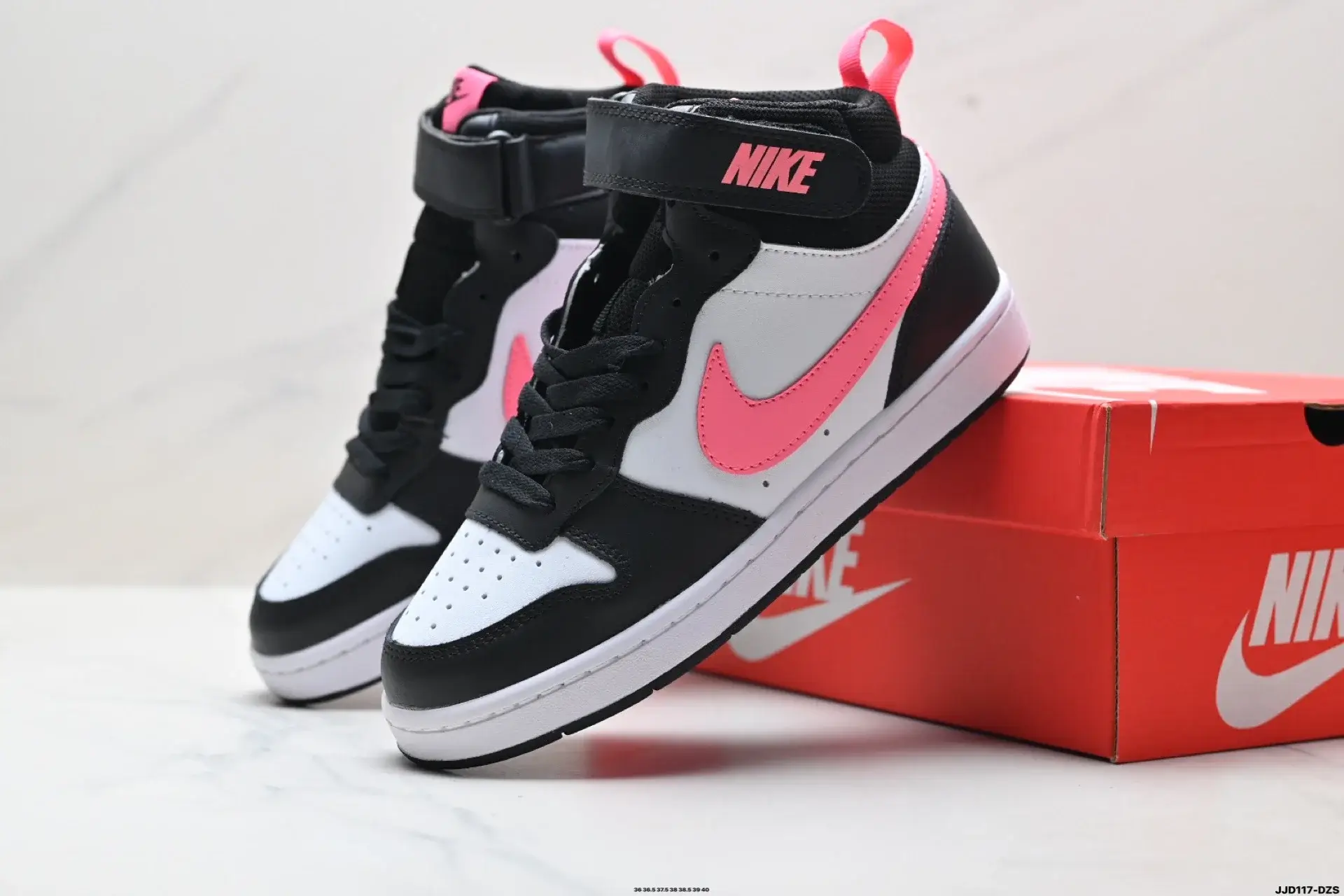 Nike High-Top Sneakers: Black & White, Pink Swoosh, Velcro