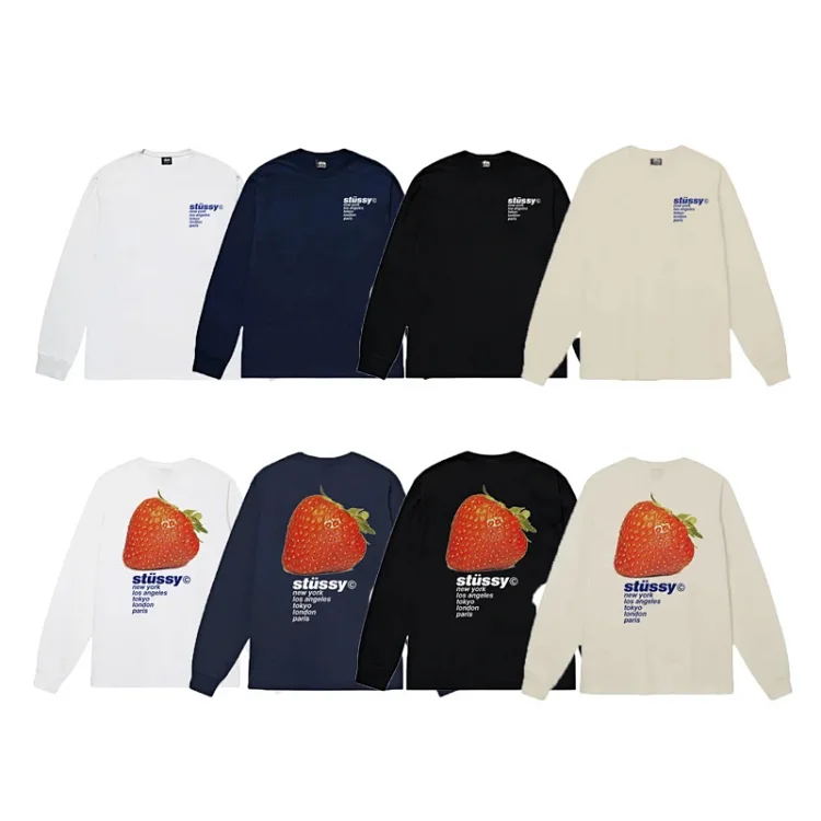 Stussy Long-Sleeve Tee: Front Logo, Back Strawberry Graphic
