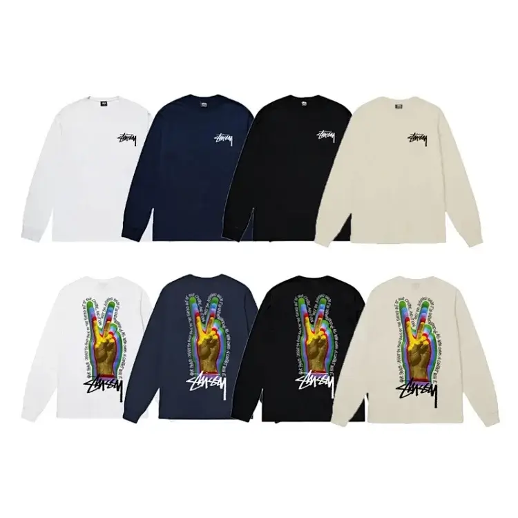 Stussy Long Sleeve Tees: Front Logo & Back Peace Hand